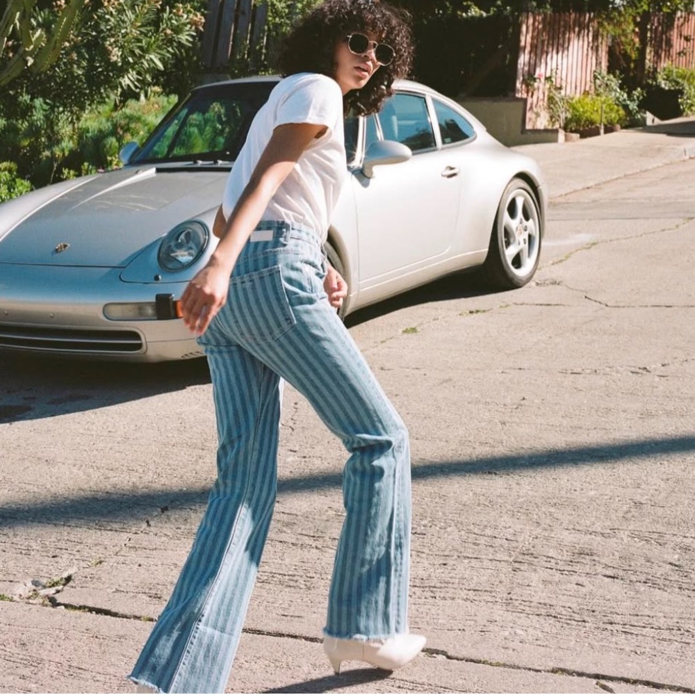 CQY Stripe High Rise straight raw hem Jeans